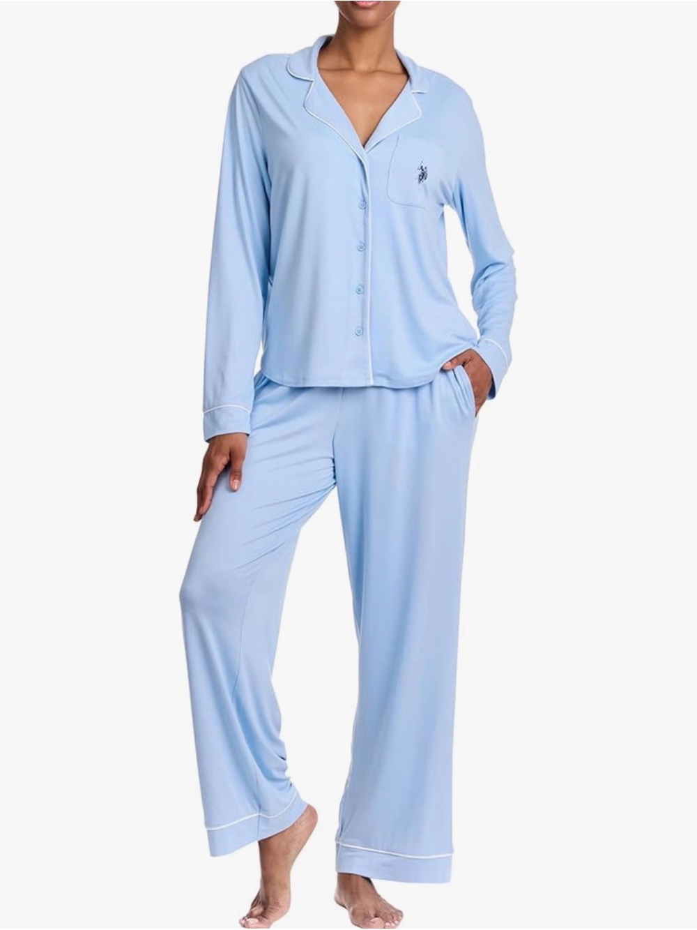 US Polo Assn Light Blue Women's Long-Sleeve Pajama Set - Classic Button-Front